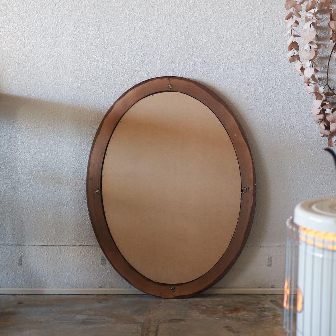 オーバル型 ウォールミラー　ブラウン 木製 楕円形 壁掛け鏡
