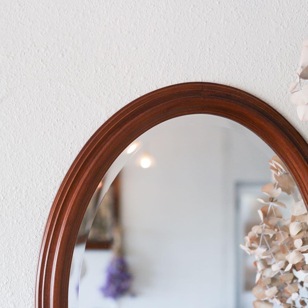 オーバル型 ウォールミラー　ブラウン 木製 楕円形 壁掛け鏡