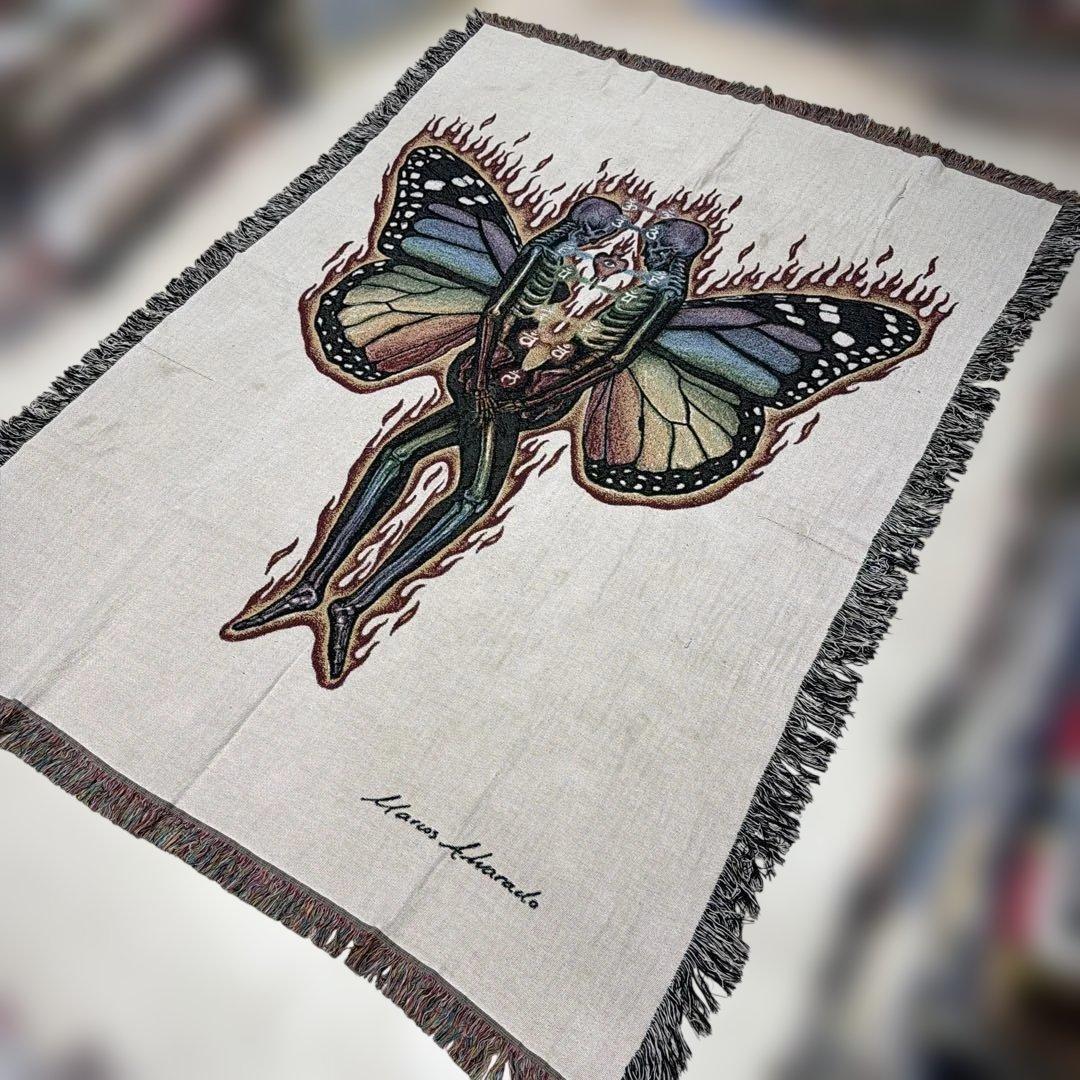 大判　髑髏　蝶々　マルチカバー　ソファカバー　ヴィンテージラグ　216x161