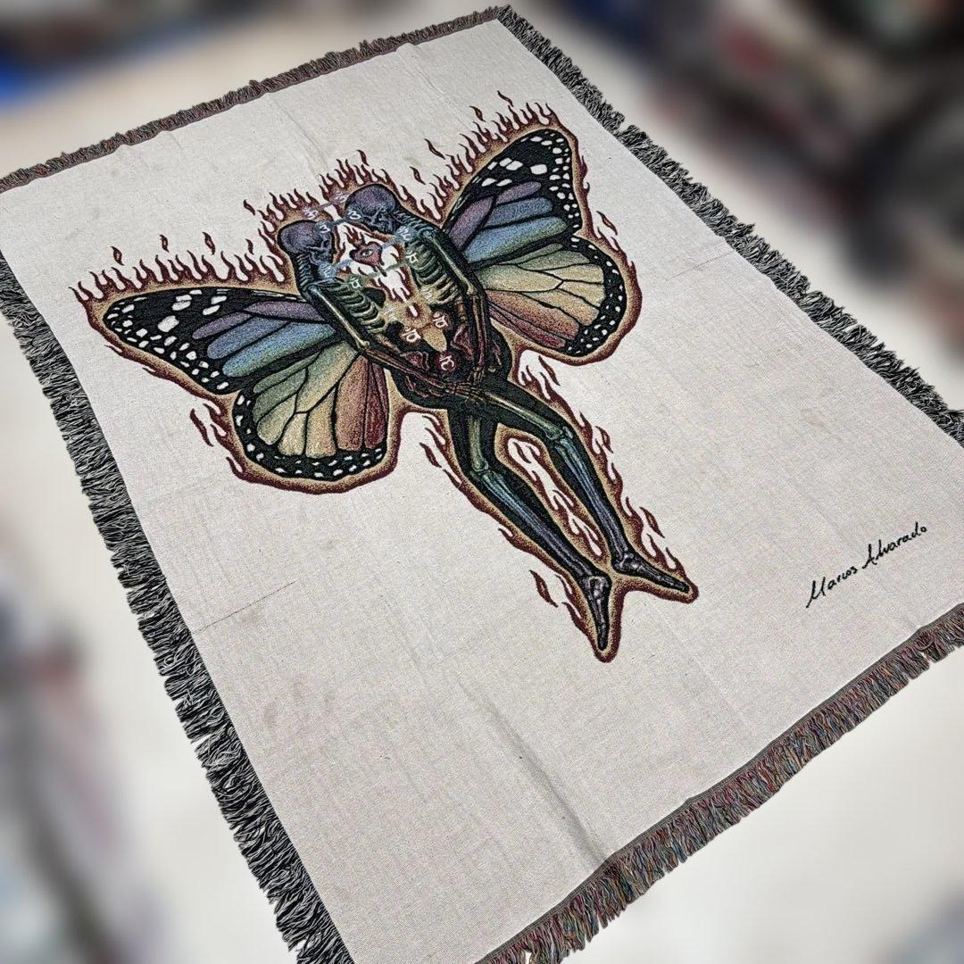 大判　髑髏　蝶々　マルチカバー　ソファカバー　ヴィンテージラグ　216x161