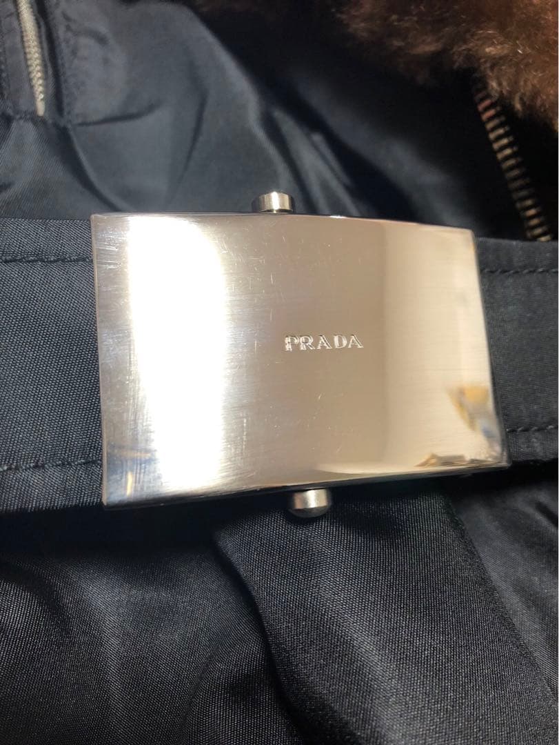 プラダ　PRADA ファー付き　ナイロン＆レザーベルトコート　ライダース風　S