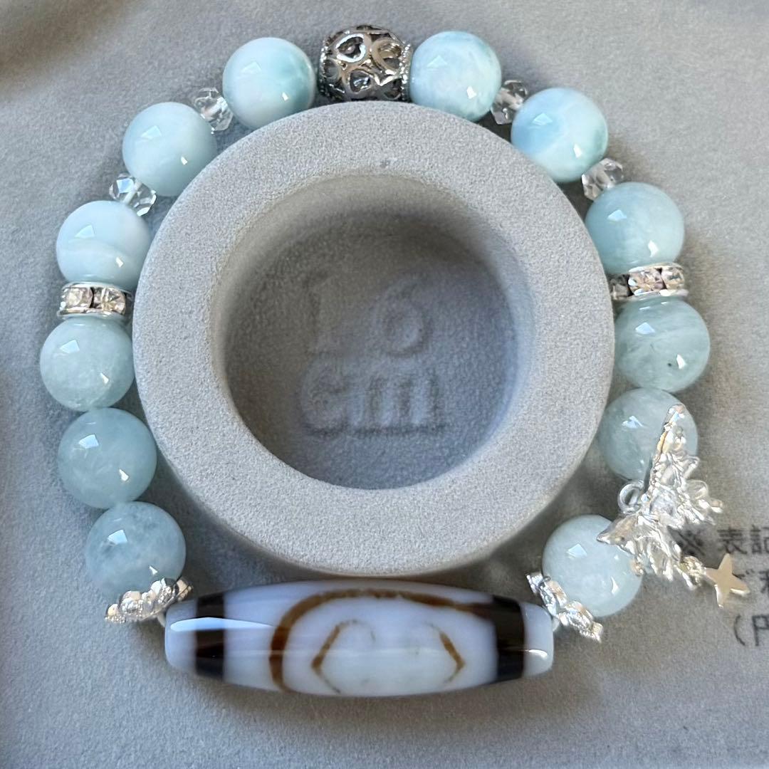 如意金剛二眼天珠&ラリマー&アクアマリン　ブレスレット　内径約16cm