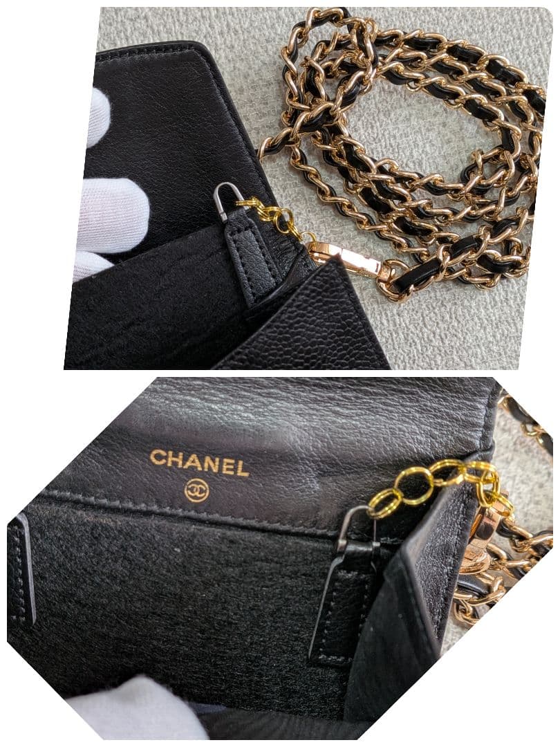 シャネル　デカココ　Wホック折り財布　キャビアスキン　黒　ミニチェーンウォレット