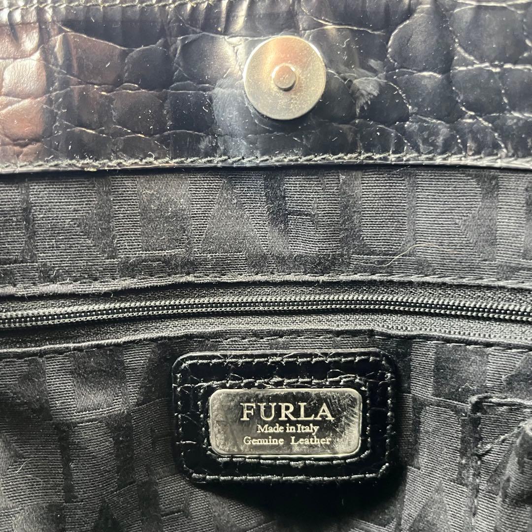 【美品】 FURLA ハンドバッグ クロコ型押し レザー ブラック 黒