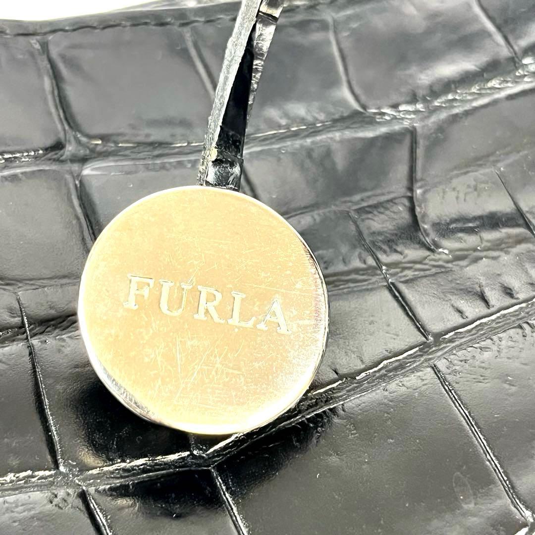 【美品】 FURLA ハンドバッグ クロコ型押し レザー ブラック 黒