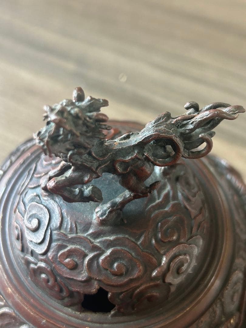米田秀保 造 鋳銅製 蝋型 麒麟摘 雲龍地文細密彫 三足香炉 茶道具 香道具