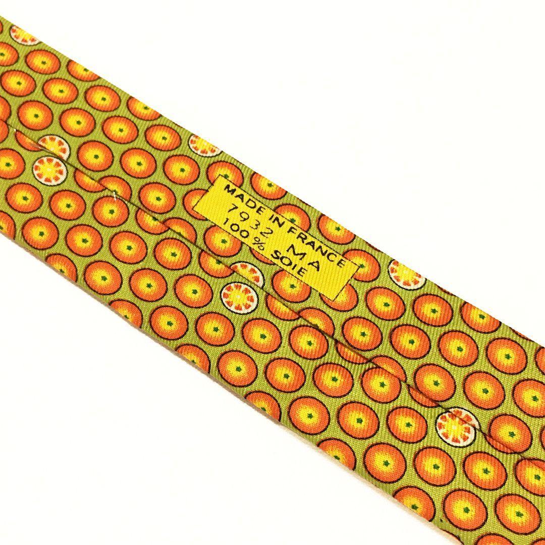 未使用級 エルメス HERMES ネクタイ シルク オレンジ グリーン 総柄
