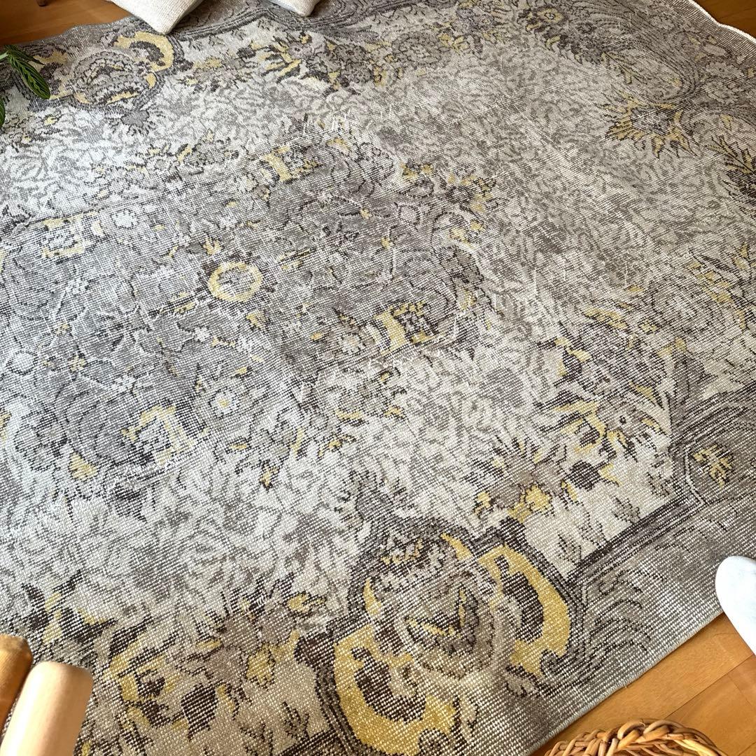 超大判レア166×277グレージュ×イエロー　メダリオン　トルコヴィンテージラグ