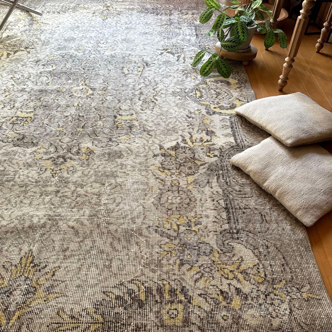 超大判レア166×277グレージュ×イエロー　メダリオン　トルコヴィンテージラグ