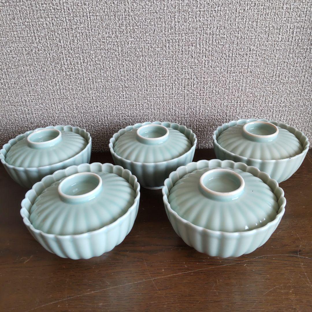【菊型】清水焼　京焼　蓋つき煮物椀 5個セット 青磁色