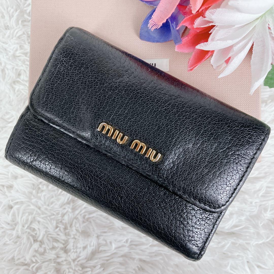 ミュウミュウ 折り財布 5ML014バイカラー マドラスレザー ブラック 黒