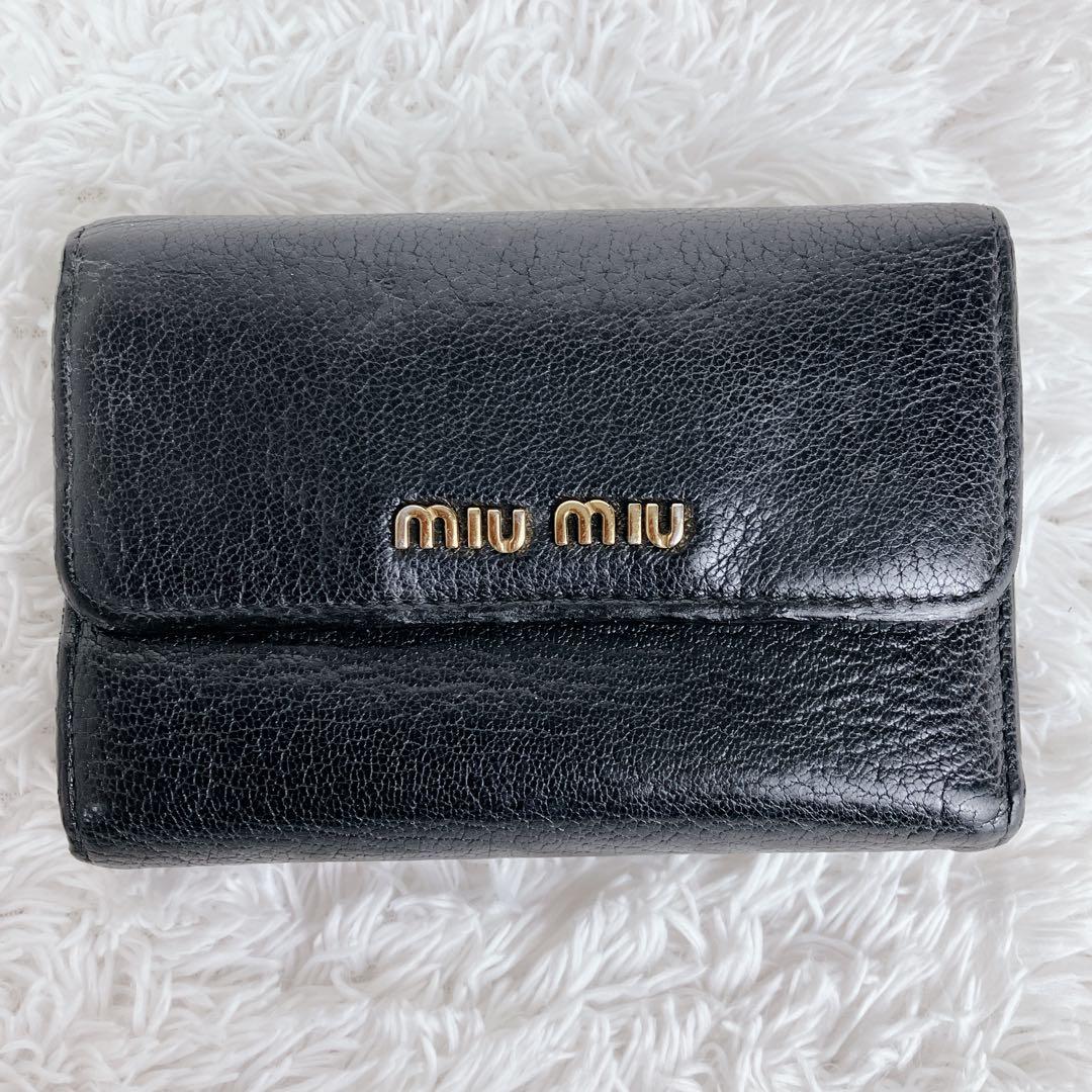 ミュウミュウ 折り財布 5ML014バイカラー マドラスレザー ブラック 黒