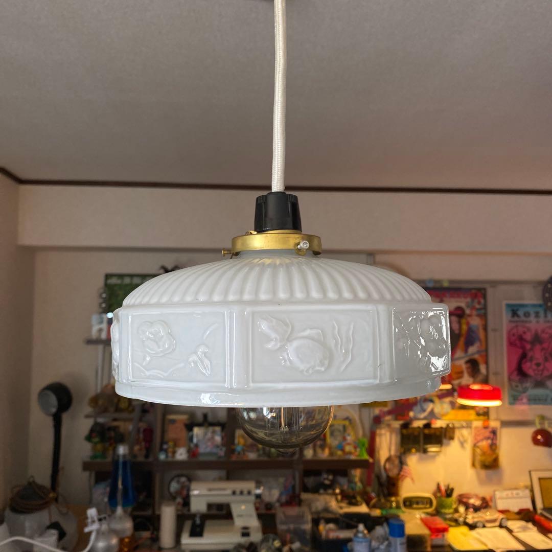 昭和レトロ　ペンダントライト　電笠　ミルクガラス照明　昭和初期　大正