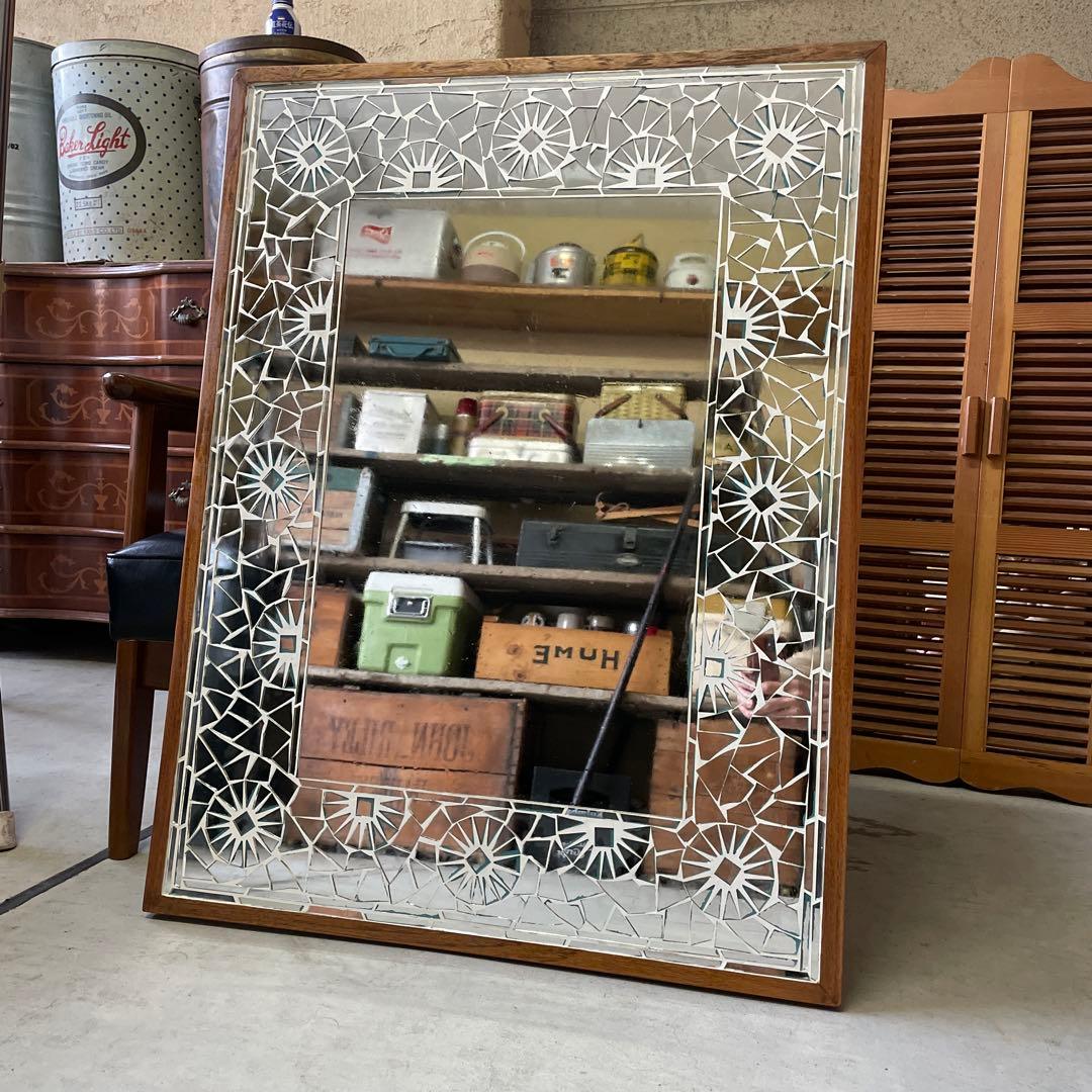 【まるこ⭐︎】デザイン ウッドミラー 壁掛け 鏡 姿見 蚤の市 レトロ
