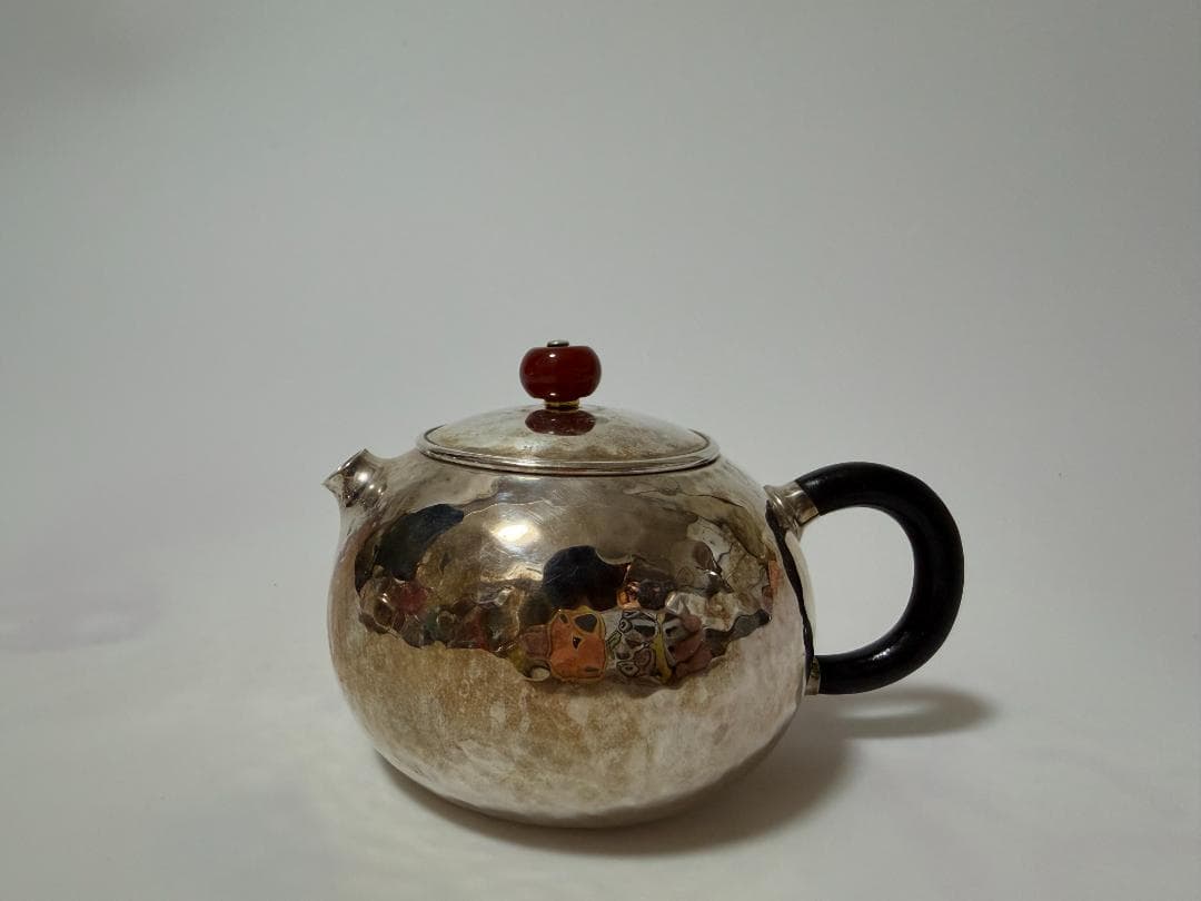 純銀製 玉石摘 丸形 急須 銀瓶 煎茶道具