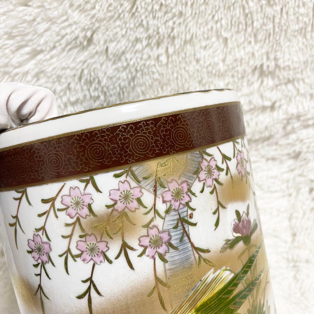 新品未使用 九谷焼 高級傘立て 金緑 花と鳥 手描き手作 開運 風水 開運 金運