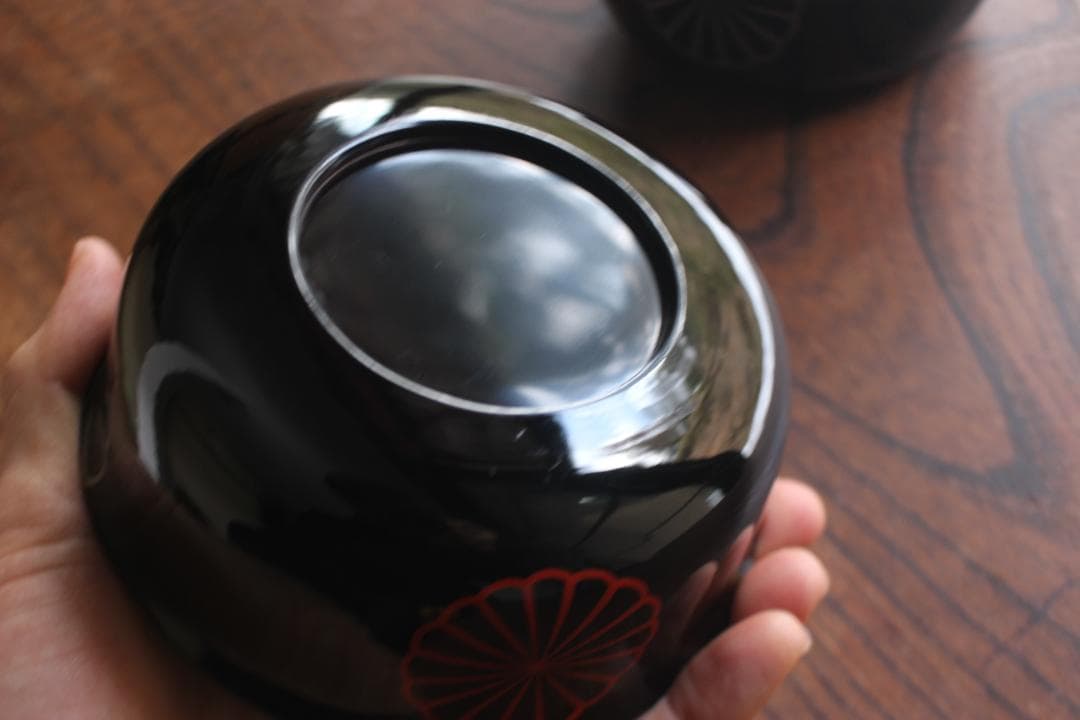 デッドストック！刷毛目黒漆に庸軒好み菊蒔絵の映える煮物椀2点（検京塗雑煮椀