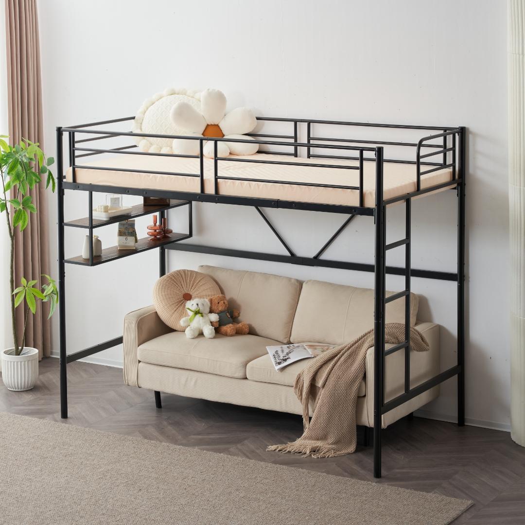 【ブラック】ロフトベッド パイプベッド サイド棚付き シングルベッド 木 収納