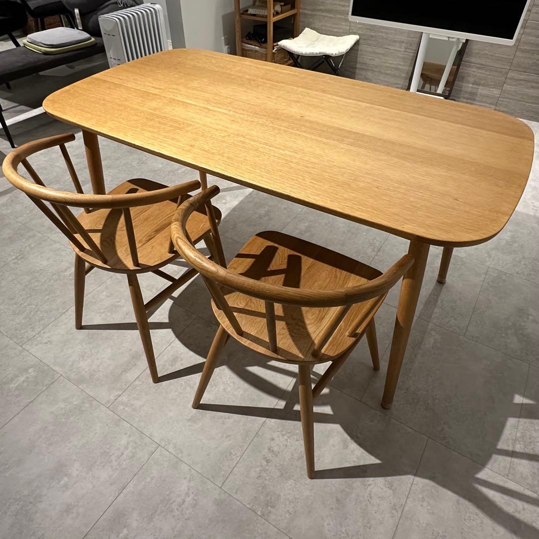 【手渡し】無印良品 オーク材テーブル丸脚/アームチェア丸脚(2脚) 中古品