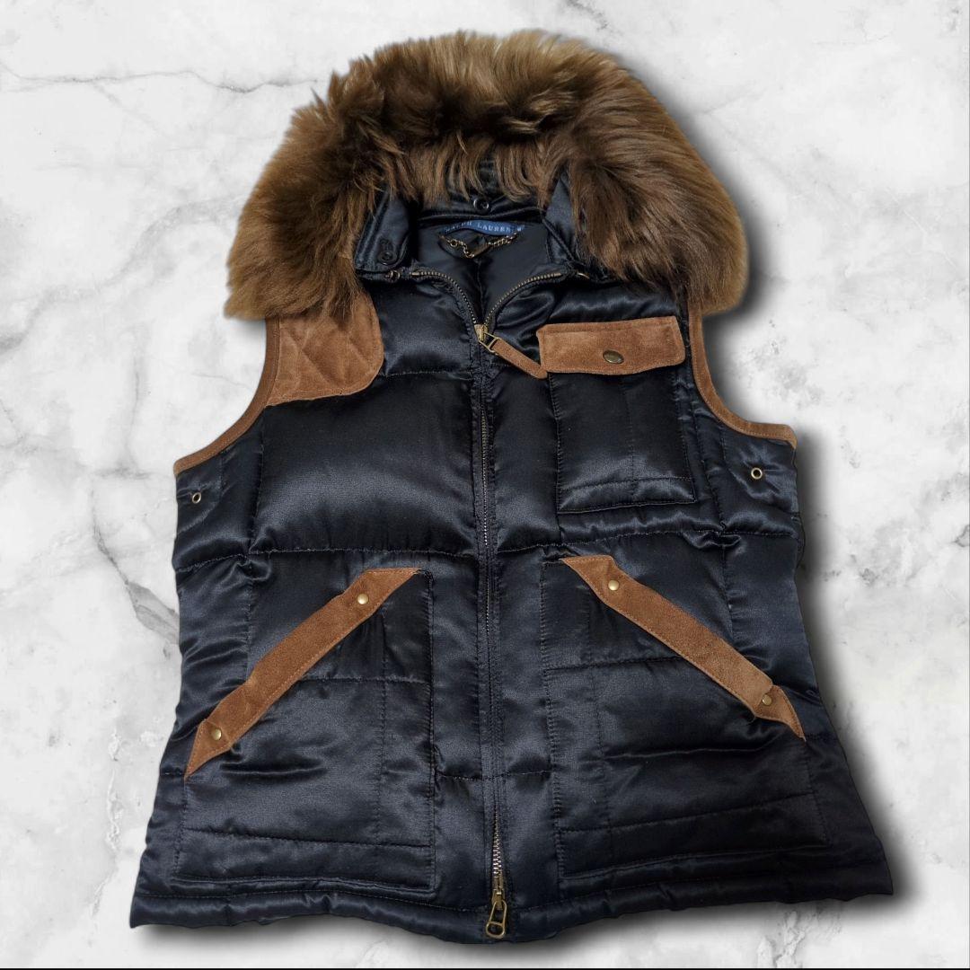 ラルフローレン コットン シルク ダウンベスト リアルファー 本革スエード