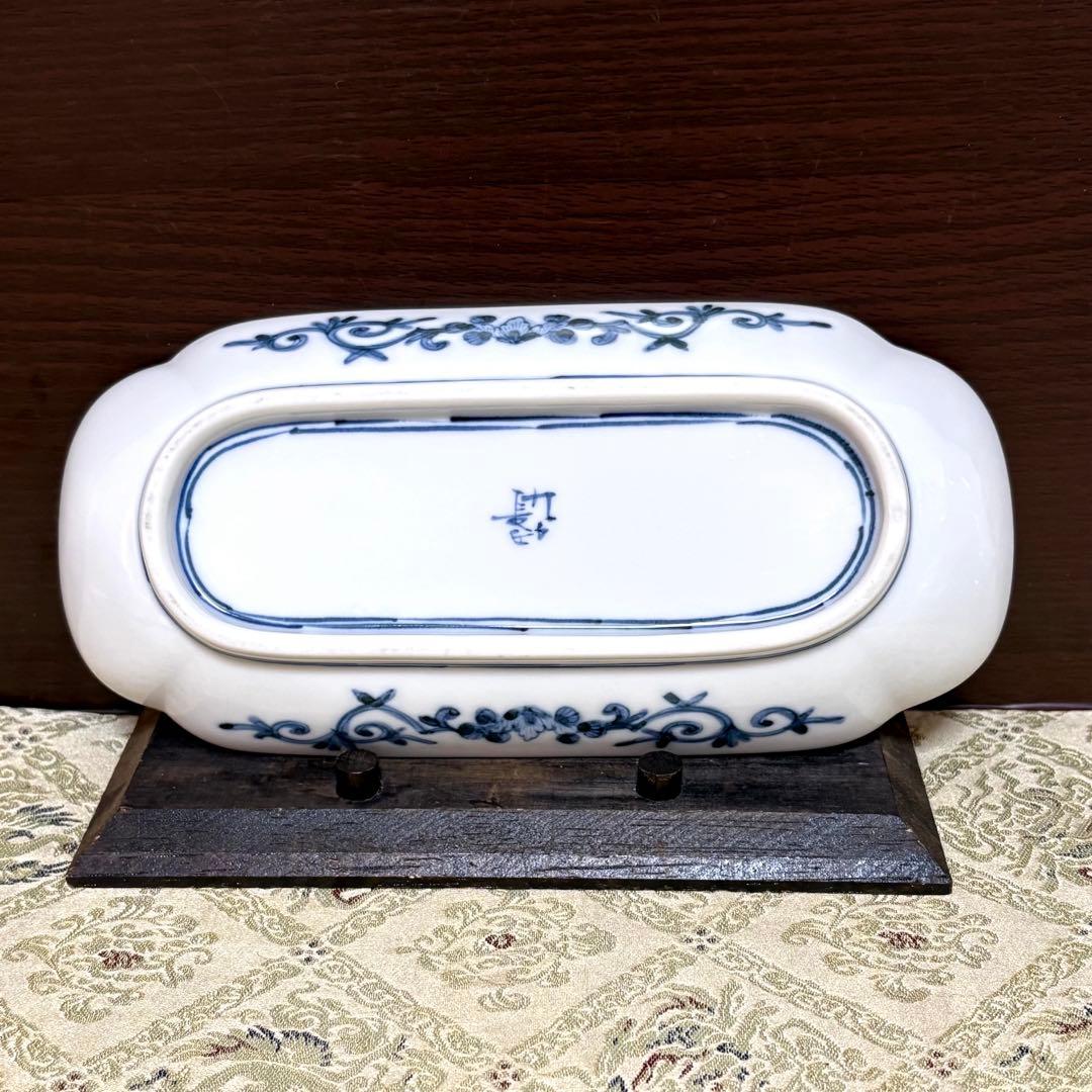 中古美品✨九谷焼 宮内庁御用達 長左窯 青華祥瑞小紋 輪花長皿✨中皿 山本長左