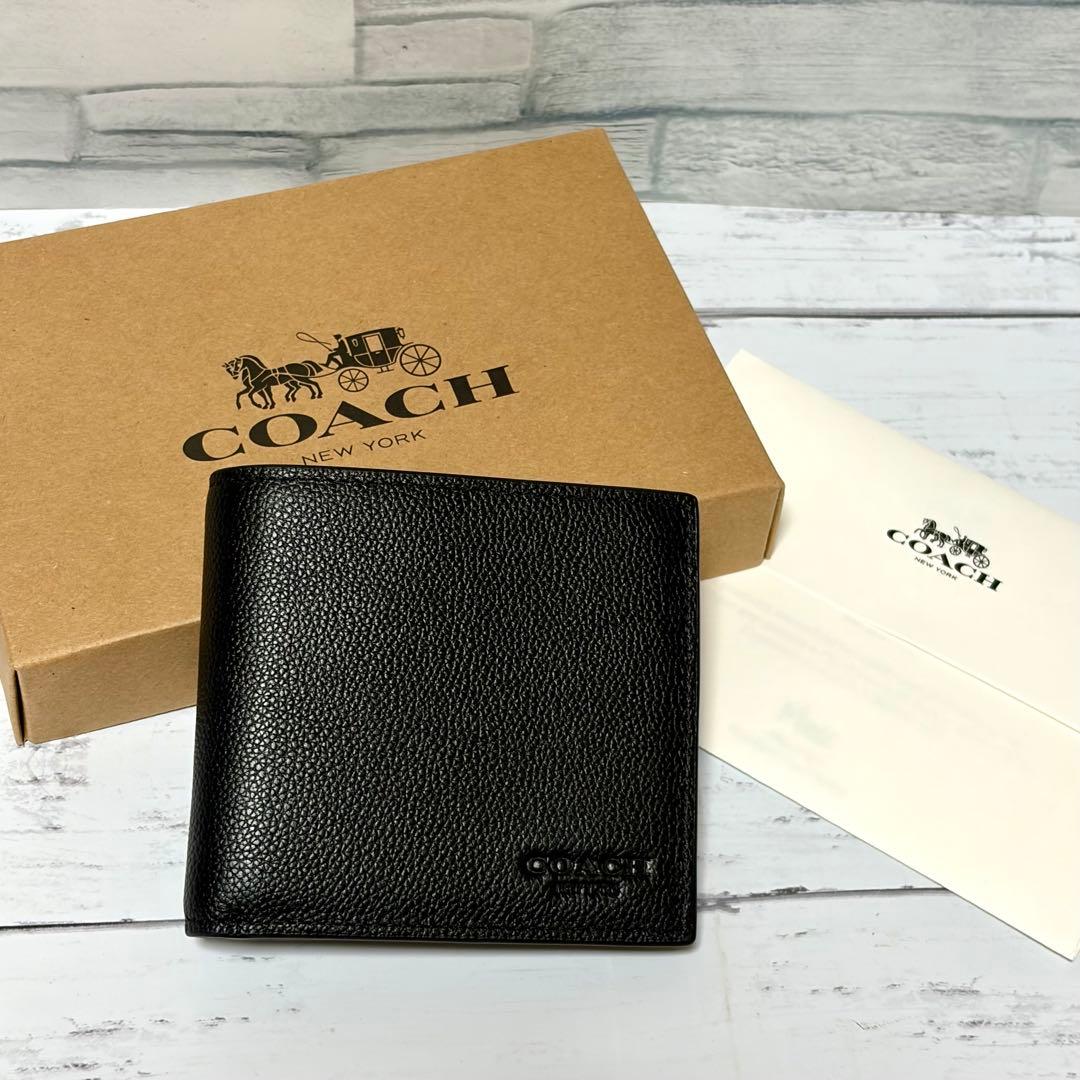 コーチ 財布 COACH カーフカーフ レザー 二つ折り財布 ブラック 箱付き