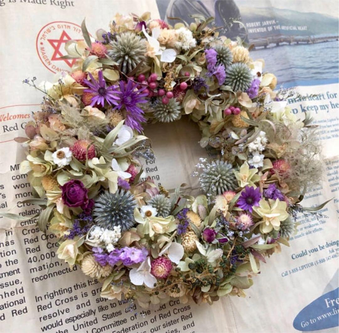 紫陽花と瑠璃玉ちゃんと花々のリース