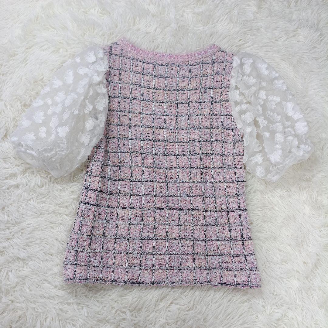 近年 美品✨ルネ　ツイードトップス　シースルー花柄スリーブ　クルーネック　34