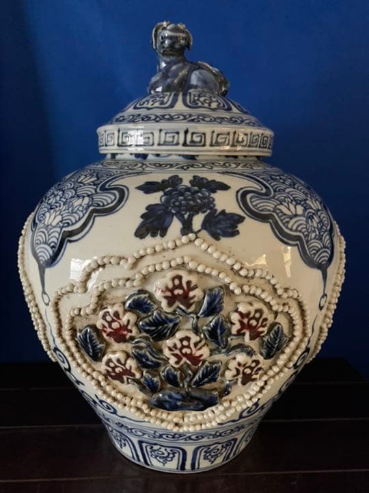 古美術　正元(254年十月-256年五月)時代物 /青花釉裏紅花卉文共蓋壺/在銘