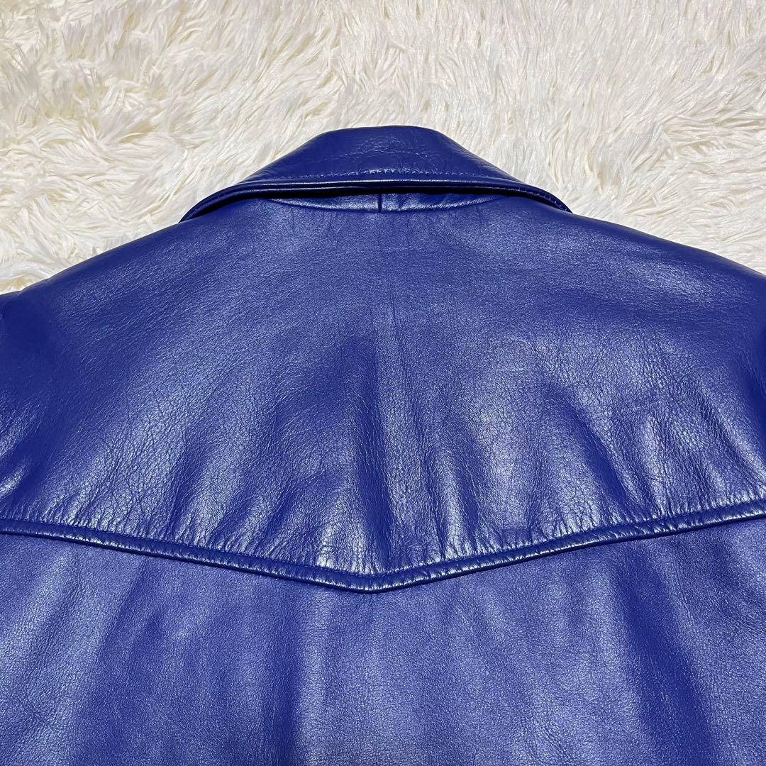 【美品】HORN WORKS レザー ダブルライダースジャケット LL ブルー
