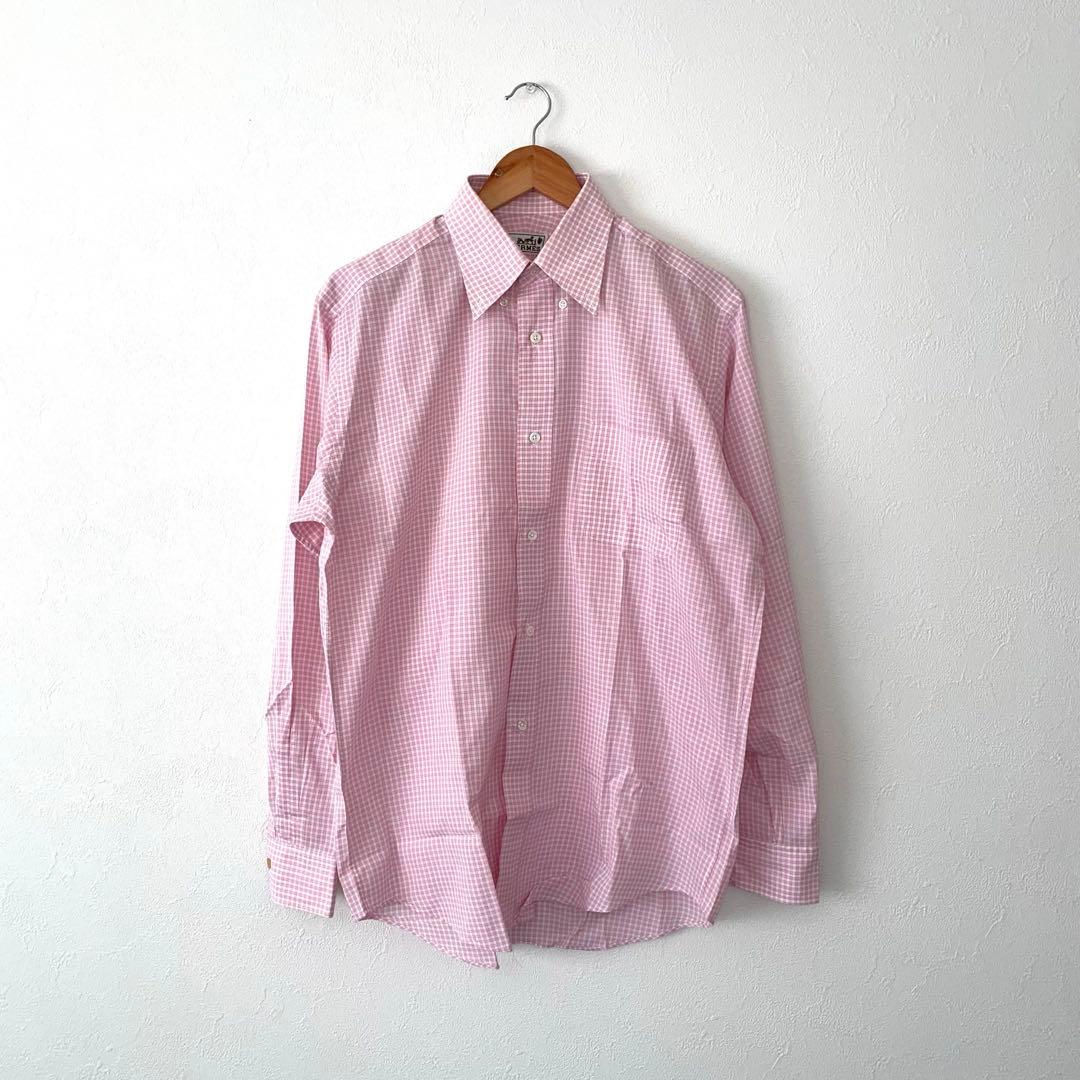 エルメス ギンガムチェック シャツ 33-15½ 仏製 シミあり