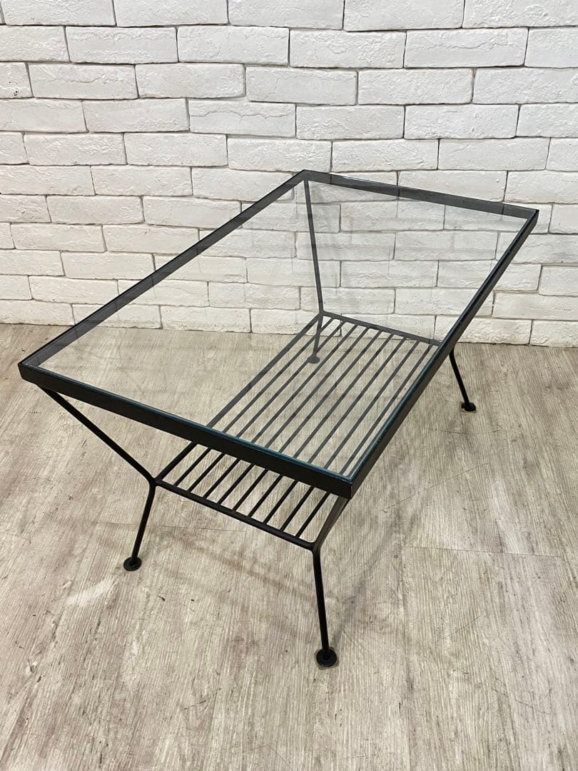 ① 【東京都内23区配送無料】unico エディ ガラス　アイアン ローテーブル