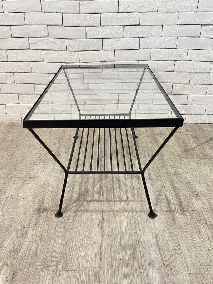 ① 【東京都内23区配送無料】unico エディ ガラス　アイアン ローテーブル