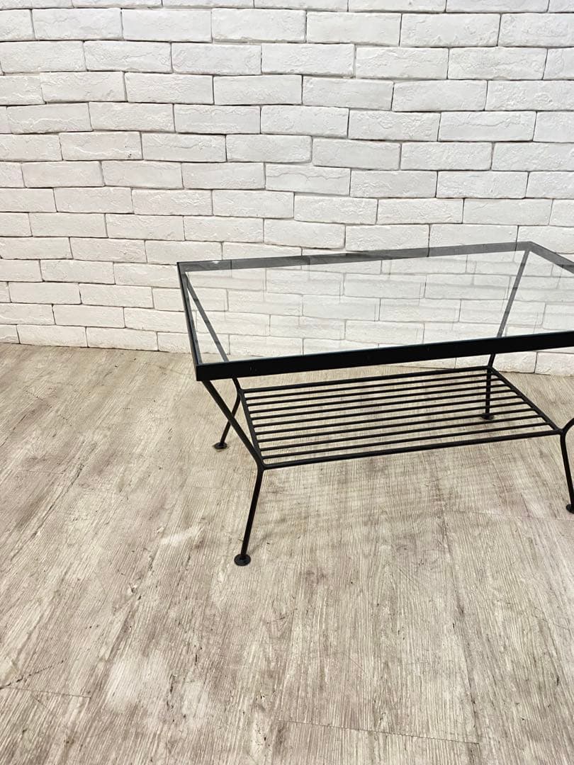 ① 【東京都内23区配送無料】unico エディ ガラス　アイアン ローテーブル