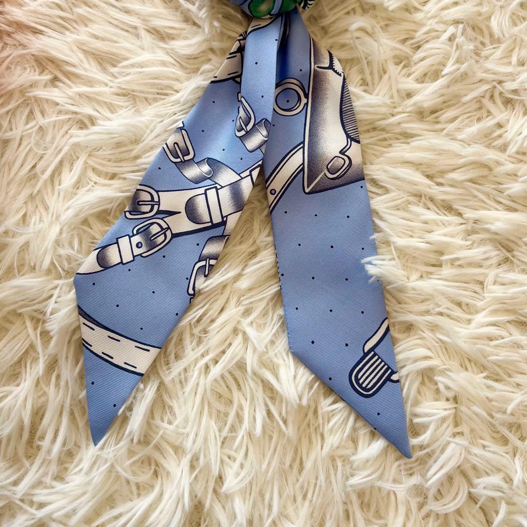 未使用級✨HERMES　エルメス　プリントシルクツイルヘアシュシュ　ライトブルー