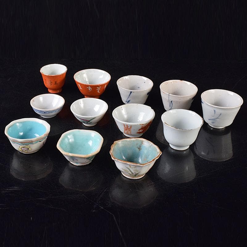 中国　青花山水文　粉彩花文など　盃　12客まとめて　M　R8128