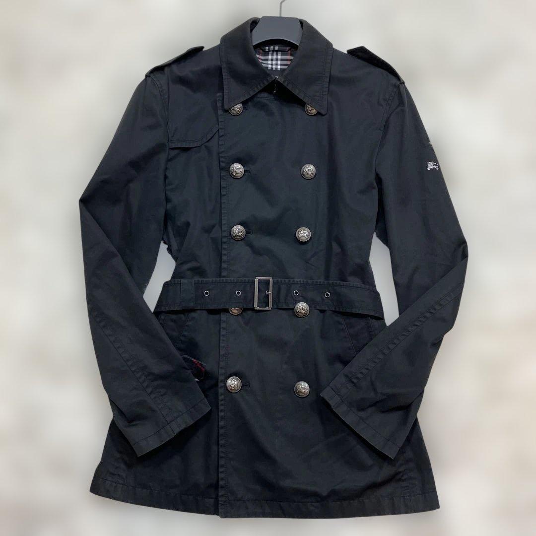 美品 バーバリーブラックレーベル トレンチコート ホースロゴ 銀ボタン 黒 M