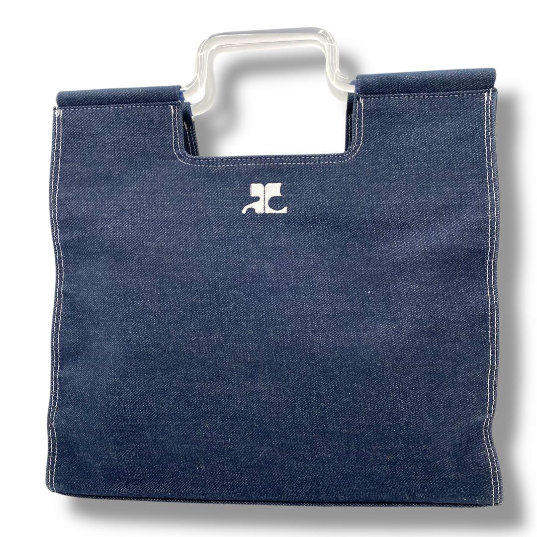 美品希少✨ クレージュ ハンドバッグ クリアハンドル 希少 ロゴ刺繍 インディゴ