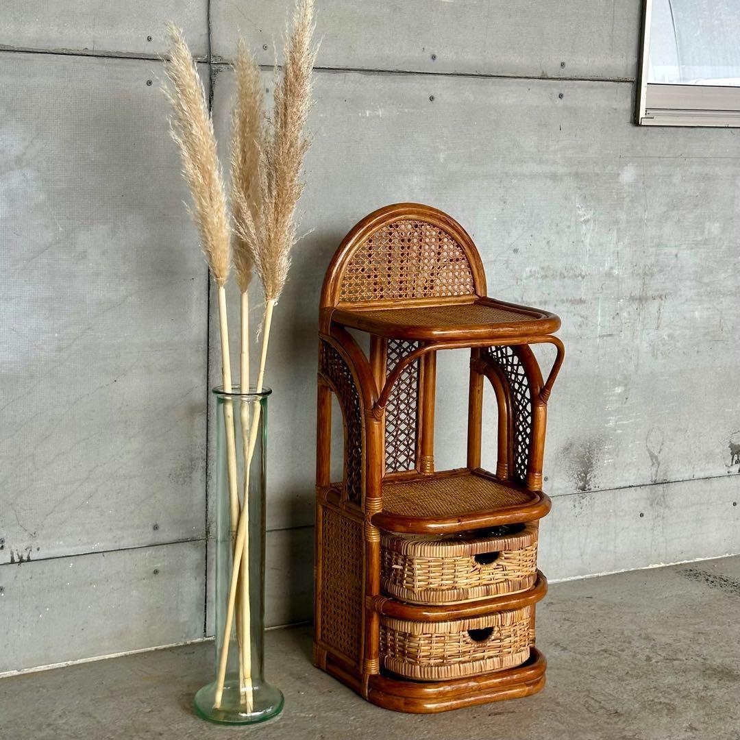 ✦ アンティーク調 ラタンキャビネット ✦ 2段バスケット付き収納ラック