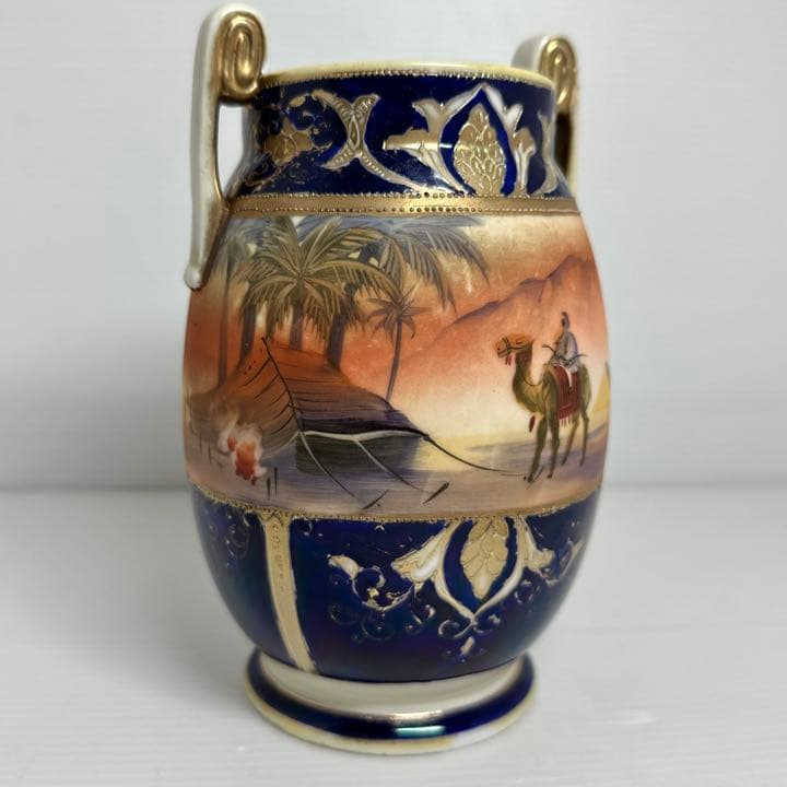 1908年代 オールドノリタケ 耳付き花瓶 壺 金盛上藍砂漠風景
