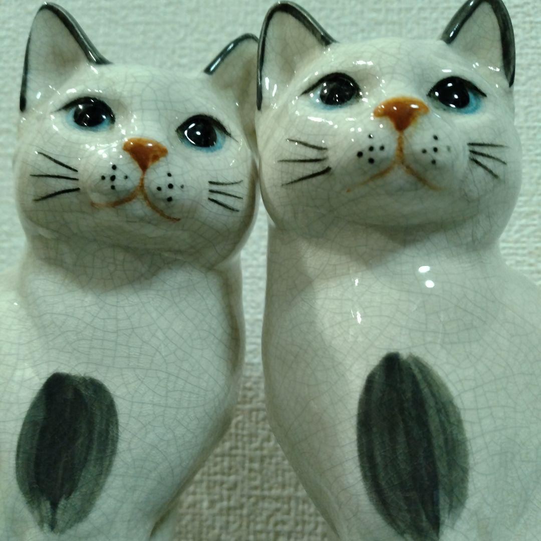 陶器製 白黒猫 置物 対