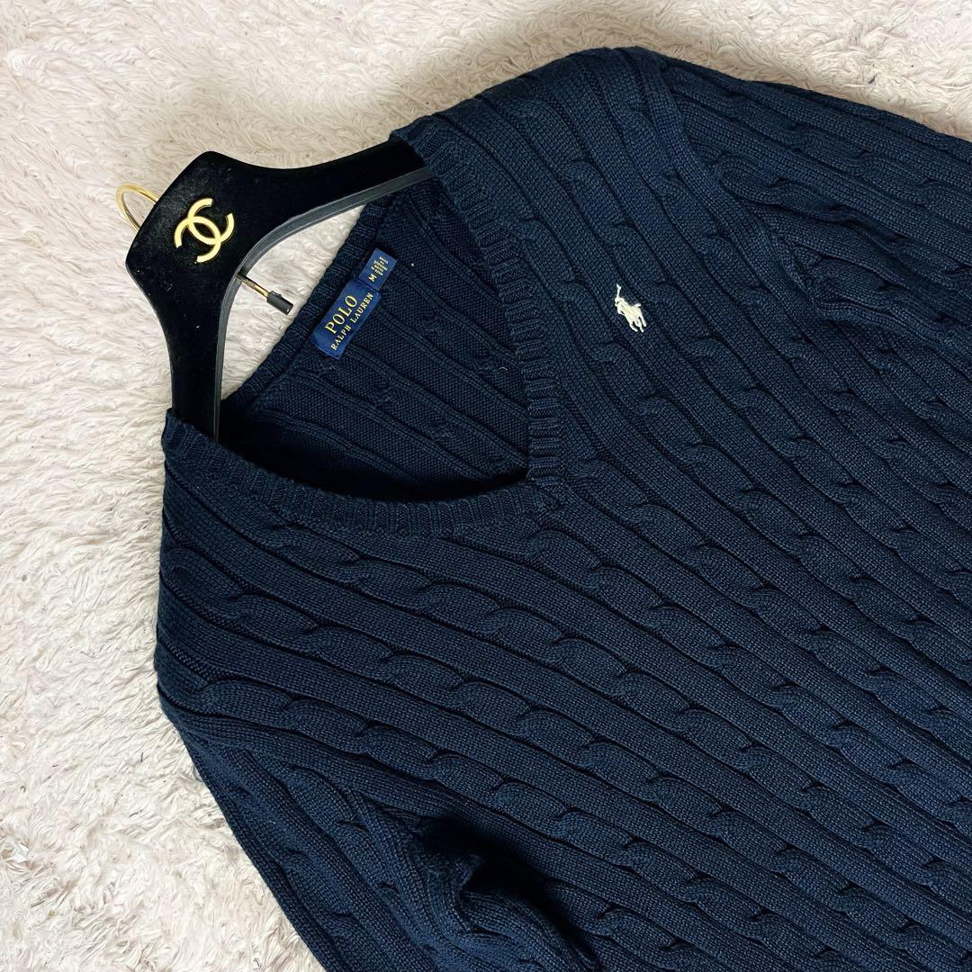 ✖︎ ポロラルフローレン コットン ケーブル ニット ロゴ刺繍 ネイビー 紺 M