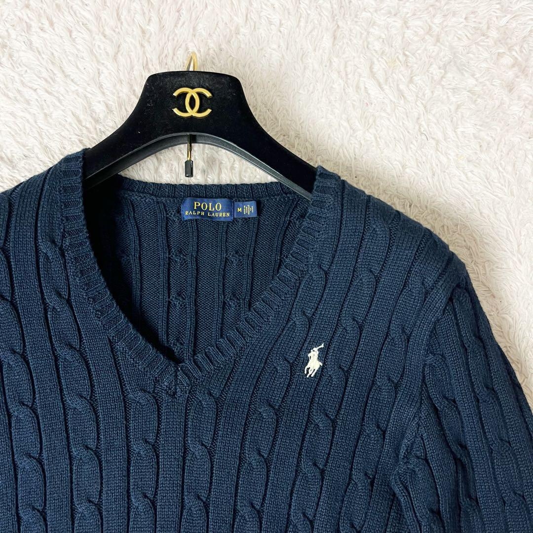 ✖︎ ポロラルフローレン コットン ケーブル ニット ロゴ刺繍 ネイビー 紺 M