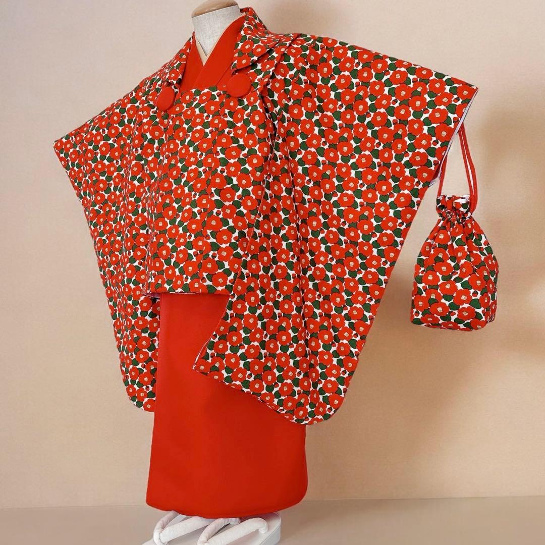 ［つばき］3歳 七五三 ꕤ 袖付被布着物4点セット