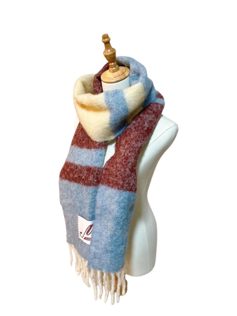 MARNI モヘヤ×アルパカ フリンジ マフラー ライトブルー系×ボルドー系