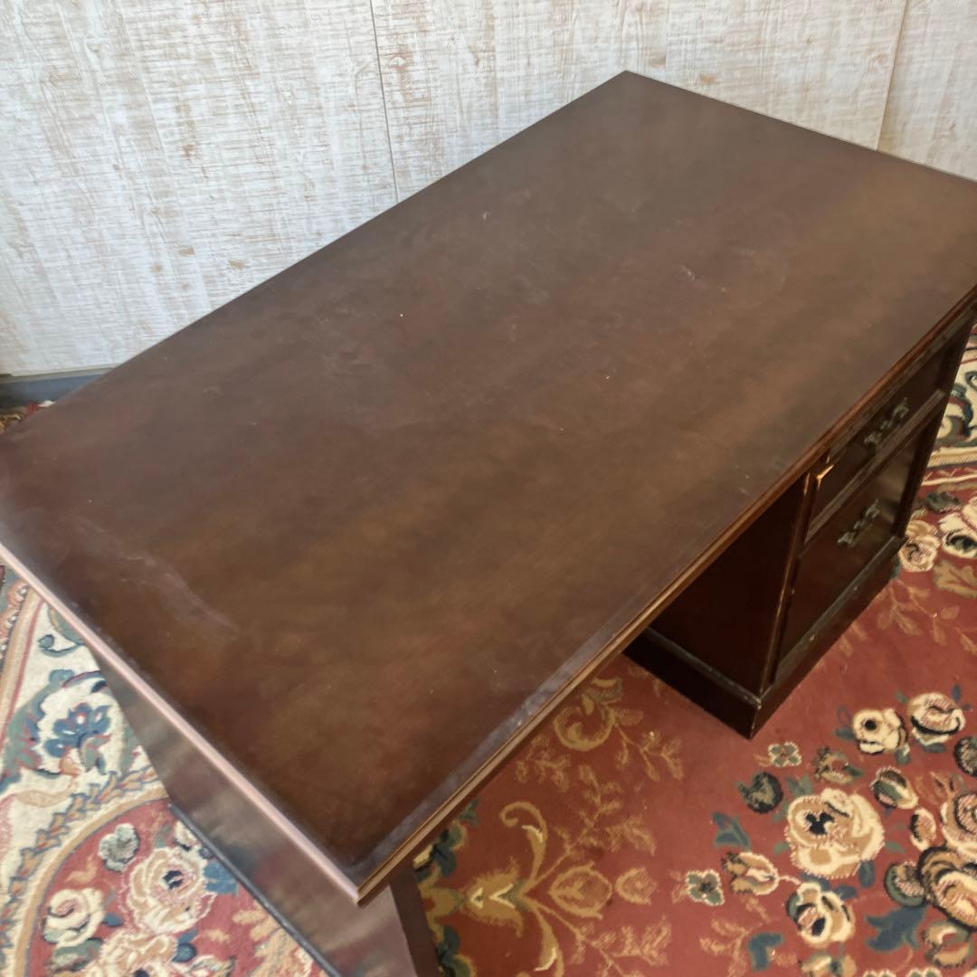 昭和レトロ カリモク イギリス様式 木製 書斎机 片袖 書斎机 古家具デスク