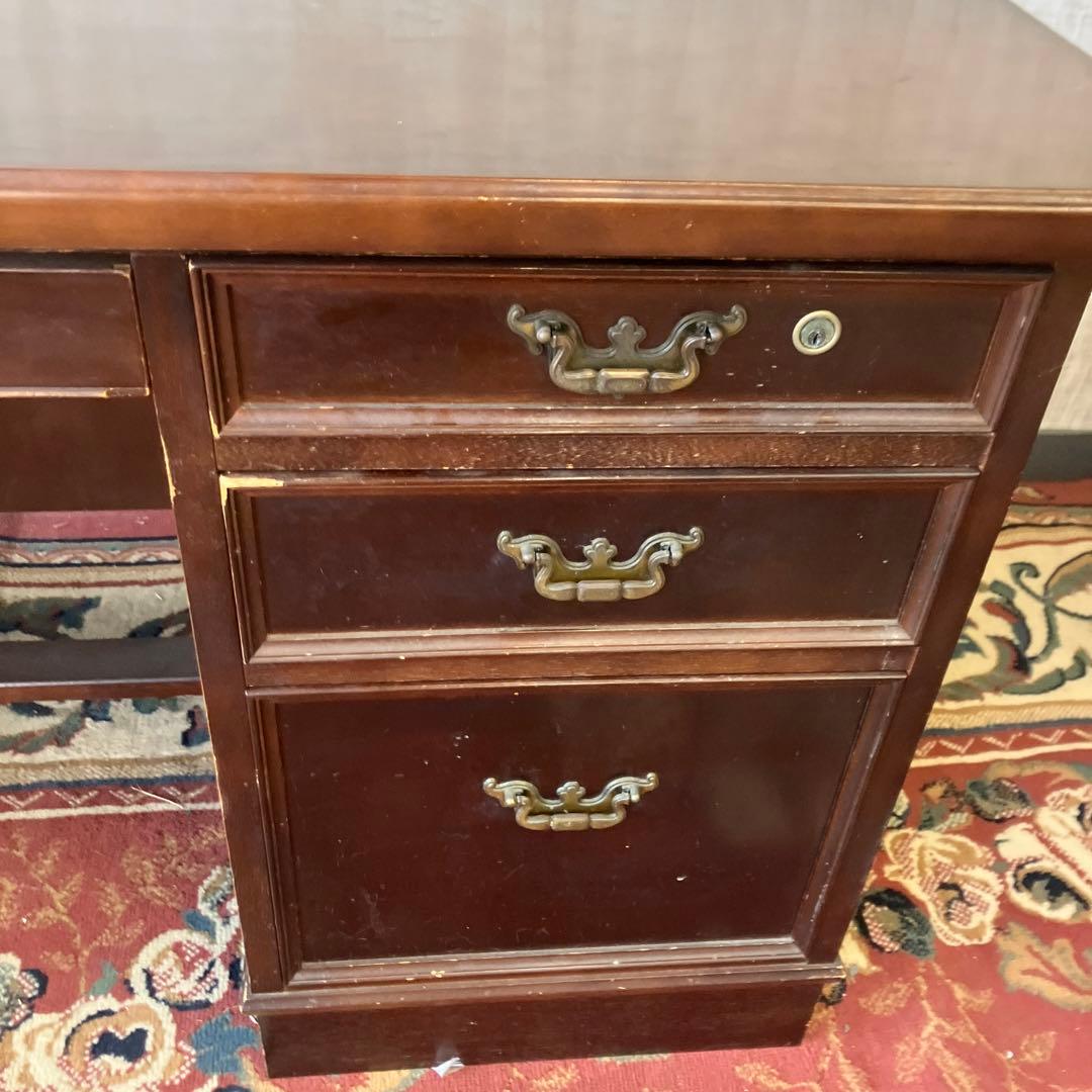 昭和レトロ カリモク イギリス様式 木製 書斎机 片袖 書斎机 古家具デスク