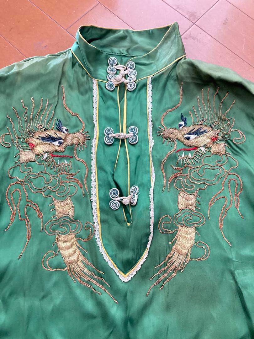 1940・50sチャイナシャツ　スーベニア 緑色ドラゴン刺繍