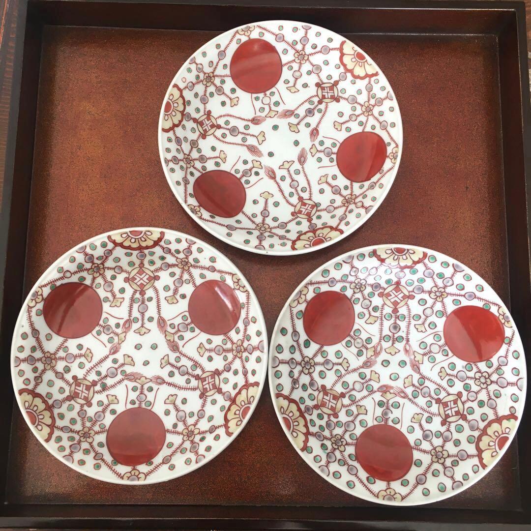 kitty様リクエスト　古伊万里　赤玉瓔珞文　中皿3客　17cm