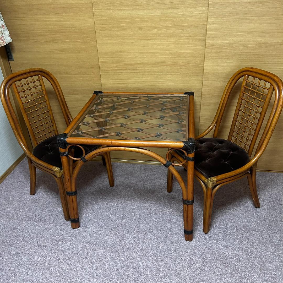 ヴィンテージ　ラタン　ダイニングテーブルセット　ガラステーブル　椅子2脚付き